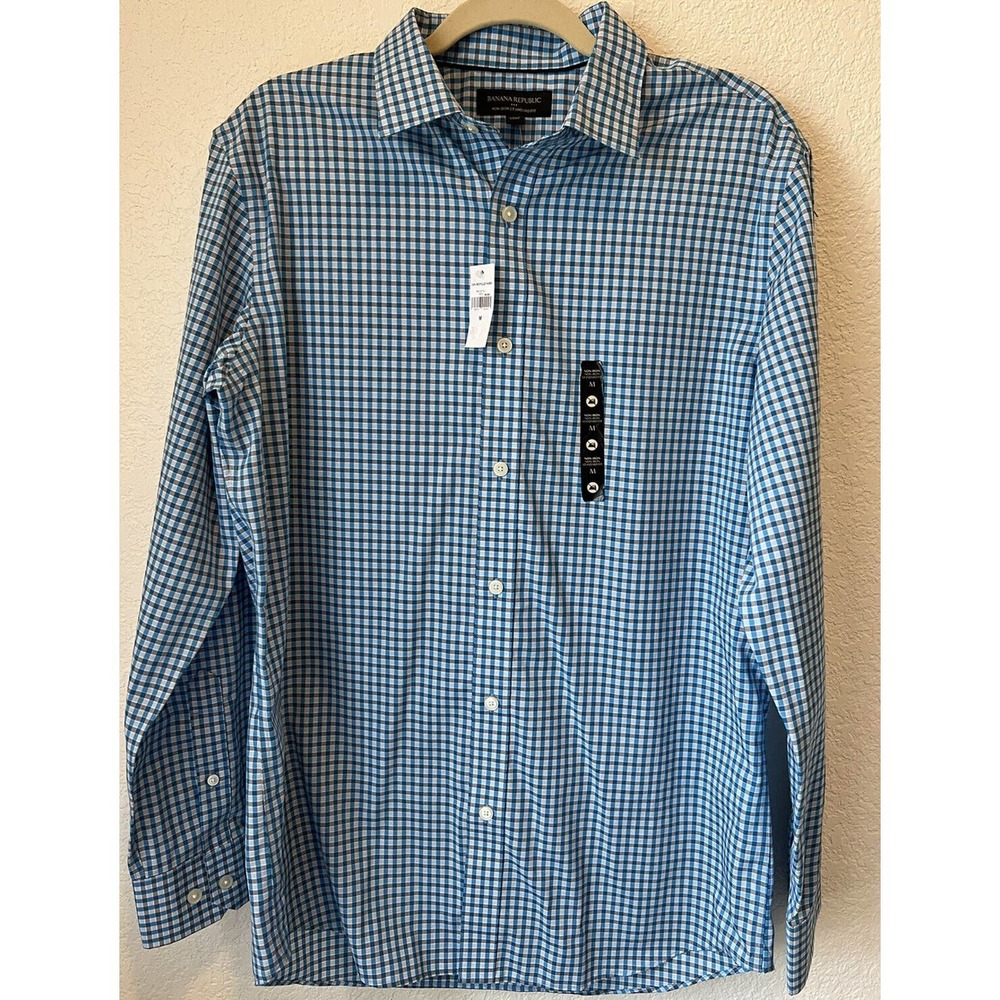 Banana Republic Non-Iron Standard Fit Shirt Blue Check Long Sleeve Men's Medium